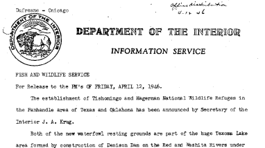 Establishment of Tishomingo and Hagerman National Wildlife Refuges in Panhandle Area of Texas and Oklahoma April 12, 1946