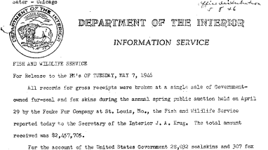 Results of the Annual Spring Public Auction of Government-Owned Fur-Seal and Fox Skins at St. Louis, Mo. April 7, 1946