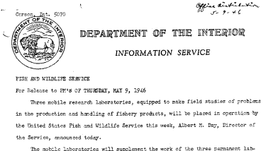Three Mobile Research Laboratories for Fishery Problems to Be Placed in Operation April 9, 1946