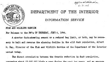 Graph Showing Correlation Between Waterfowl Population and Hunting Pressure May 6, 1946