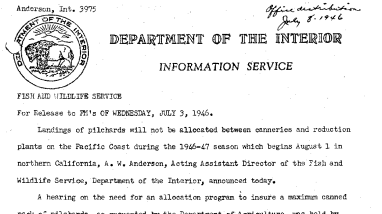Result of Pacific Coast Pilchard Allocation Program Hearing---No Allocation During 1946-47 Season July 3, 1946