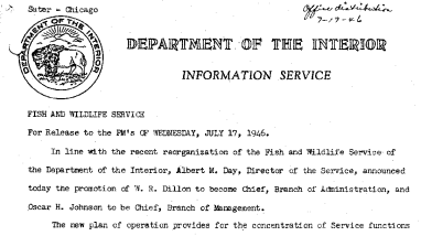 Promotion of Dillon, Johnson and Janzen in the Reorganization of FWS July 17, 1946