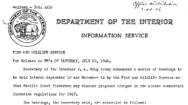 Schedule of Hearings of Teh Proposed Changes in the Alaska Commerical Fisheries Regulations for 1957 July 20, 1946