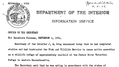 Cessation of Active Operation of Approximately One-Half of Parker River Waterfowl Refuge in Eastern Massachusetts, Instructions of Sec. Krug September 6, 1946