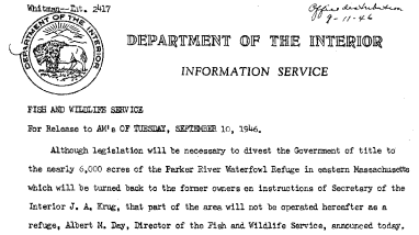 Development of Retained Portion of Parker River Waterfowl Refuge Announced by Director Day September 10, 1946