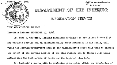 Dr. Galtsoff to Conduct Survey of Clam Fishery in Ipswich-Newburyport Area (Parker River Refuge) September 17, 1946