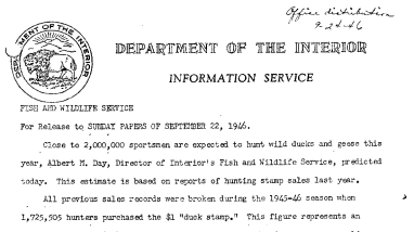 Estimated Wildfowl Hunters for This Season September 22, 1946