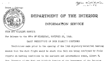 Early Predictions of Duck Scarcity Confirmed November 20, 1946