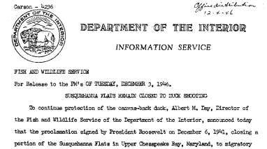 Susquehanna Flats Remain Closed to Duck Shooting December 3, 1946