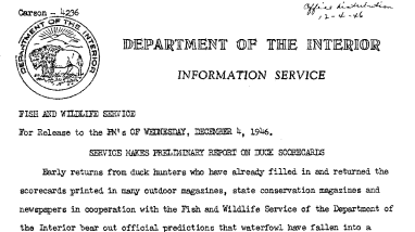 Service Makes Preliminary Report on Duck Scorecards December 4, 1946