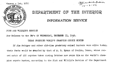 Texas Produces World's Champion Coyote Hunter December 11, 1946