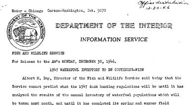 1947 Waterfowl Inventory to Be Continent-Wide December 30, 1946