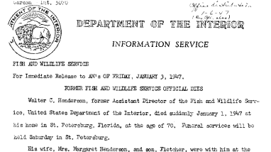 Former Fish and Wildlife Service Official Dies (Walter C. Henderson) January 3, 1947