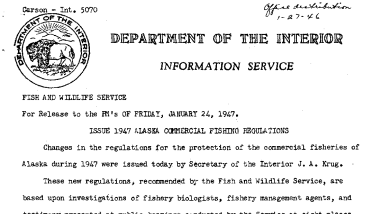 Issue 1947 Alaska Commerical Fishing Regulations January 24, 1947