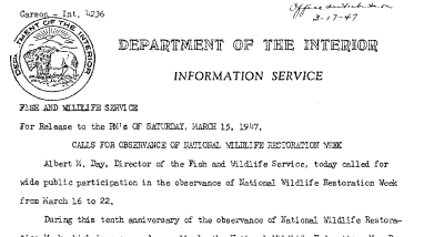 Calls for Observance of National Wildlife Restoration Week March 15, 1947