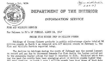 Frozen Fish Stocks Drop 29 Million Pounds March 18, 1947