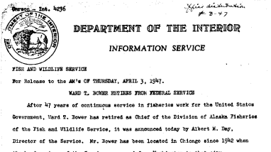 Ward T. Bower Retires From Federal Service April 3, 1947