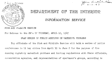 Plan Series of Public Leetings on Waterfowl Problems April 10, 1947
