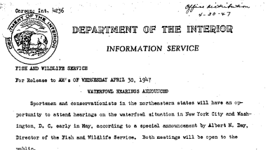 Waterfowl Hearings Announced April 30, 1947