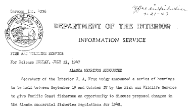 Alaska Hearings Announced July 21, 1947