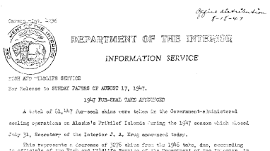 1947 Fur-Seal Take Announced August 17, 1947
