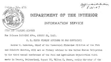 U.S. Sends Fishery Advisors to Fao Conference August 23, 1947