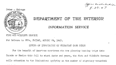 Limits of Importation of Migratory Game Birds August 29, 1947