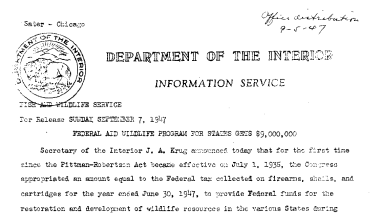 Federal Aid Wildlife Programs for States Gets $9,000,000 September 7, 1947