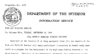 Fish Production High, Prices Reasonable, Krug Declares September 23, 1947