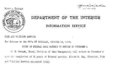 Chief of Federal Game Wardens to Retire on November 1 October 23, 1947