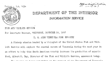 U.S. Aids Venezuela Fish Industry November 19, 1947