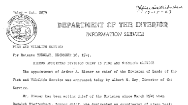 Riemer Appointed Division Chief in Fish and Wildlife Service December 16, 1947