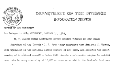 Mr. H.M. Warren Heads Nationwide Rodent Control Program as Food Saver January 14, 1948