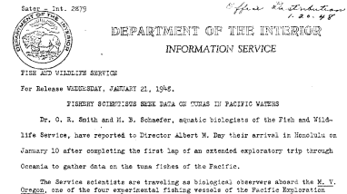 Fishery Scientists Seek Data on Tunas in Pacific Waters January 21, 1948
