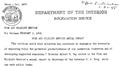 Fish and Wildlife Service Annual Report February 3, 1948