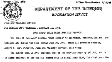 Duck Stamp Sales Break Previous Records February 11, 1948