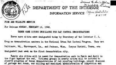 Three More Cities Designated for Rat Control Demonstrations February 16, 1948