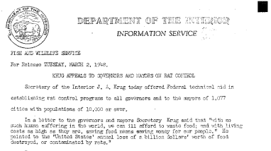 Krug Appeals to Governors and Mayors on Rat Control March 2, 1948