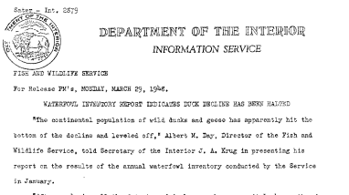 Waterfowl Inventory Report Indicates Duck Decline Has Been Halted March 29, 1948