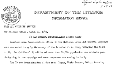 14 Rat Control Demonstration Cities Named March 29, 1948