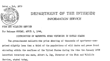 Distribution of Waterfowl Found Wintering in United States April 5, 1948