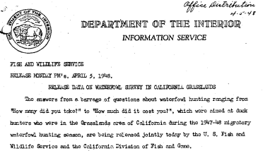 Release Data on Waterfowl Survey in California Grasslands April 5, 1948