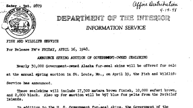 Announce Spring Auction of Government-Owned Sealskins April 16, 1948