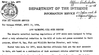 1947 Waterfowl Kill Much Reduced April 19, 1948