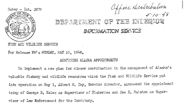 Announces Alaska Appointments May 10, 1948