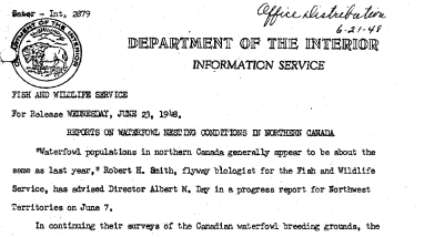 Reports on Waterfowl Nesting Conditions in Northern Canada June 23, 1948