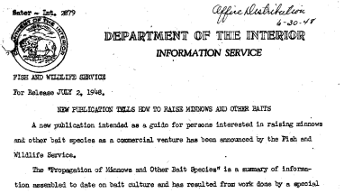 New Publication Tells How to Raise Minnows and Other Baits July 2, 1948