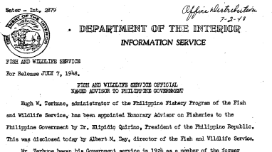 Fish and Wildlife Service Official Named Advisor to Philippine Government July 7, 1948