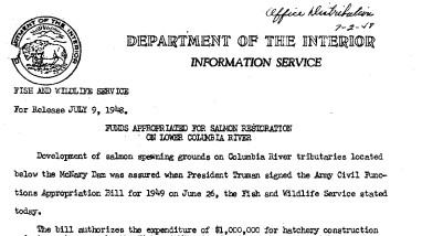 Funds Appropiated for Salmon Restoration on Lower Columbia River July 7, 1948