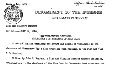 New Publication Discusses Fluctuations in Abundance of Blue Crabs July 12, 1948